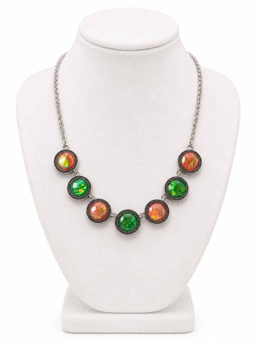 Iridescent Round Pendant Statement Necklace - Silver Chain - Pink & Green